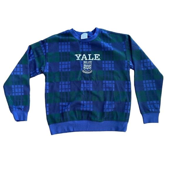 Yale Bulldogs Varsity Letterman Blue Green Plaid Crewneck Sweater Small - Picture 2 of 6
